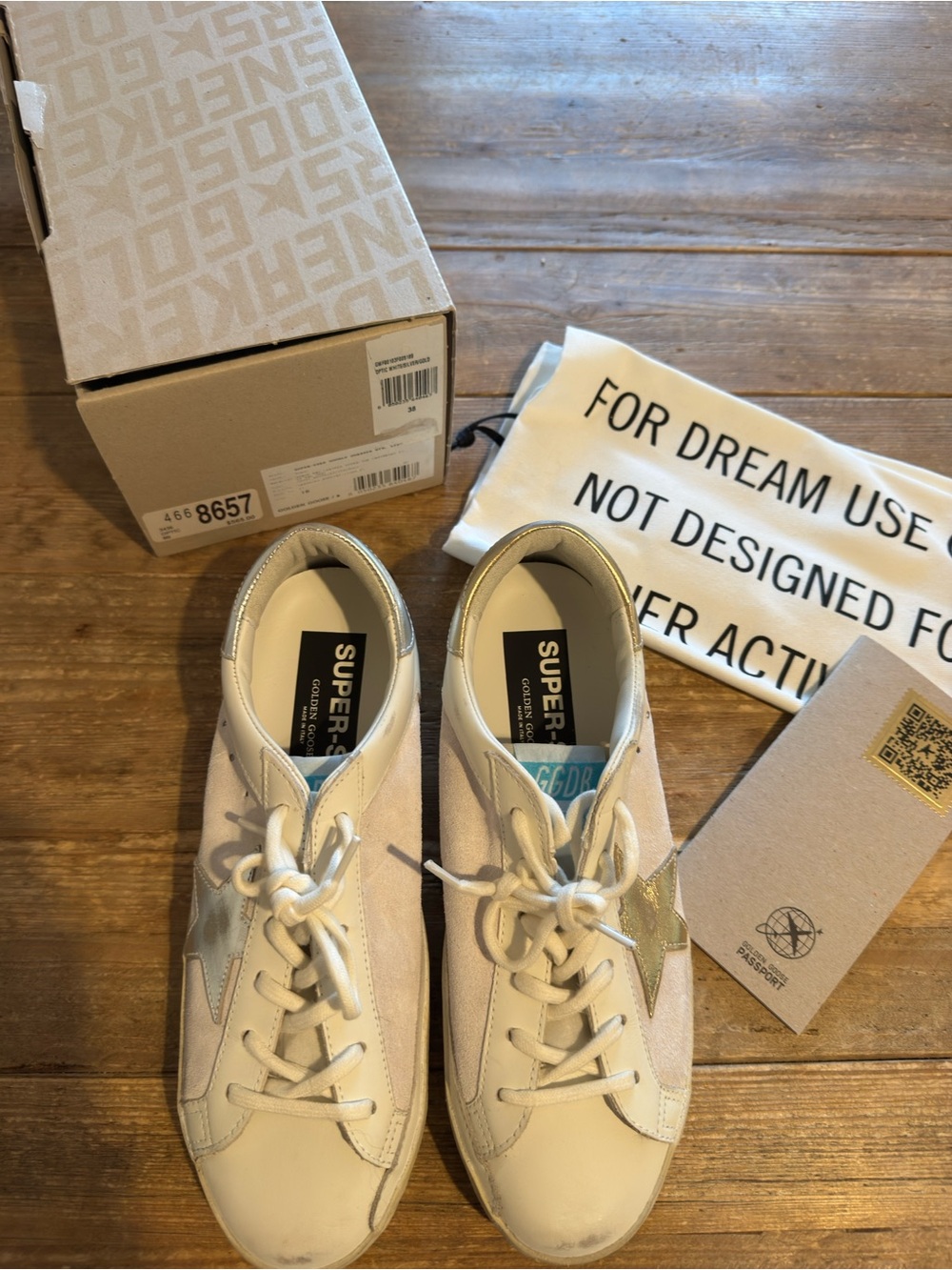 BNIB Golden Goose Women's White Suede Sneakers with Gold & Silver Star Accent